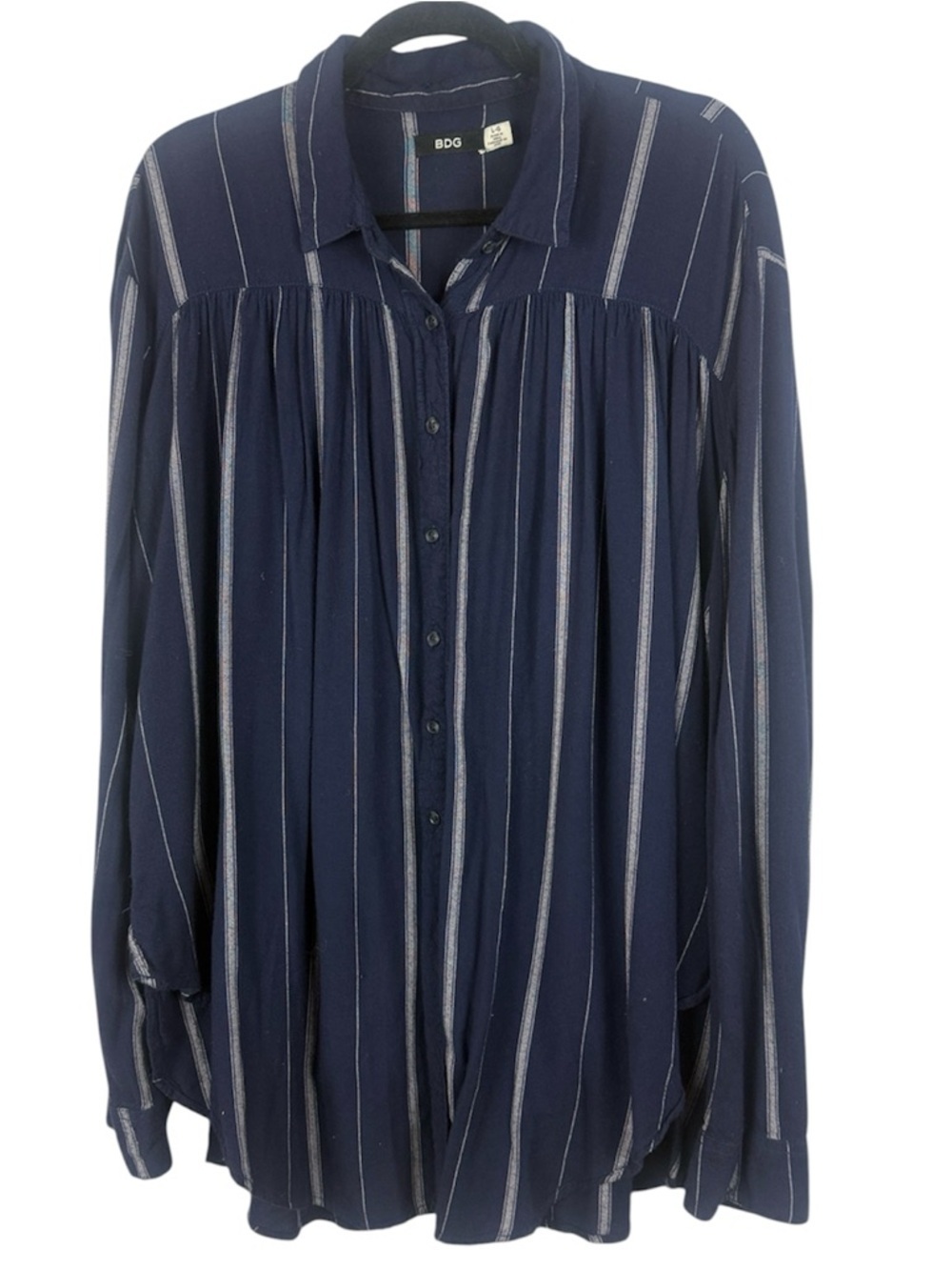 BDG Urban Outfitters Navy Blue Striped Oversized Gathered Button-Down Shirt